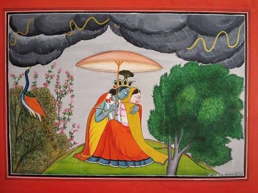 Basohli-style painting: Krishna shelters Radha beneath a parasol as lightning breaks from black storm clouds, a peacock at left