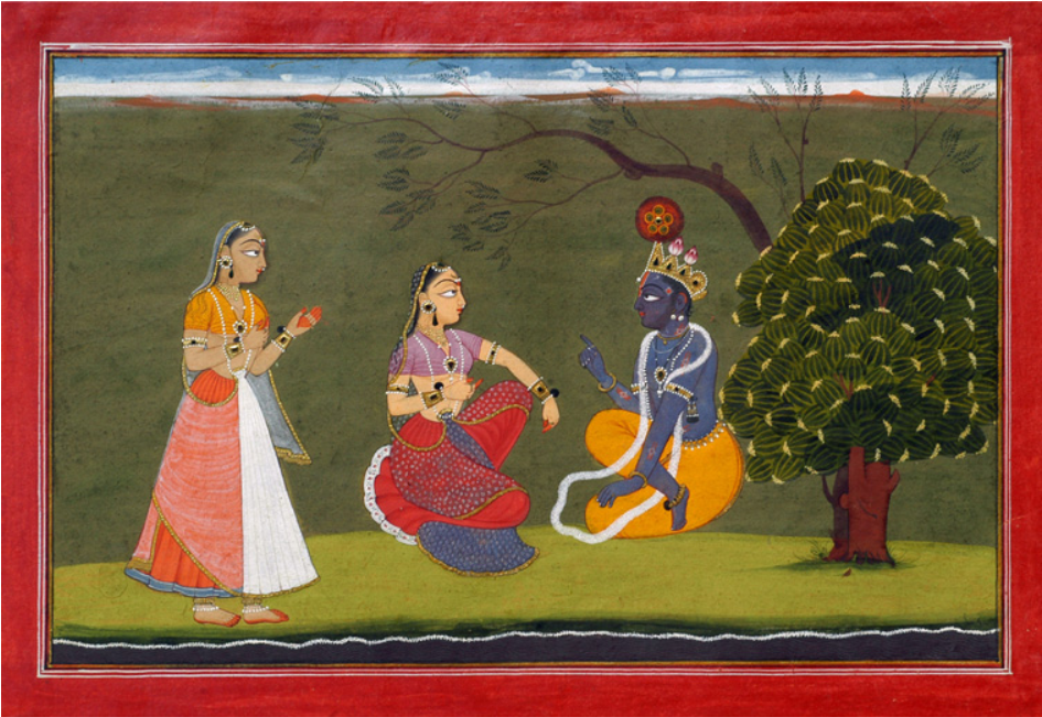 Basohli folio: Krishna seated beneath a tree with Radha and a companion on an unmodulated green ground beneath a narrow strip of sky