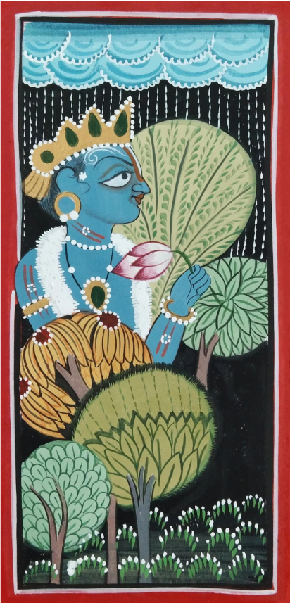 Basohli folio detail: Krishna holding a lotus in heavy pearl jewellery and a jewelled crown, rain falling against a black ground