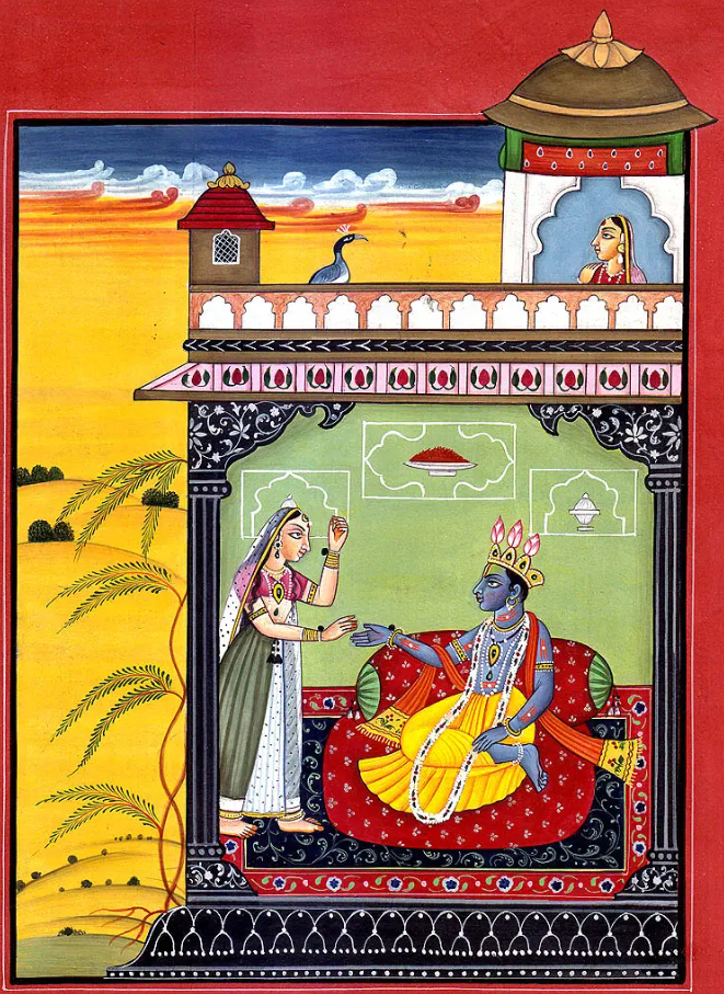 Basohli folio: Radha standing before Krishna seated on a red-covered terrace, a maid watching from a pavilion above, saffron ground