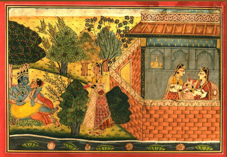 Basohli folio: Radha and Krishna seated in a grove at left while attendants watch from a brick chamber at right