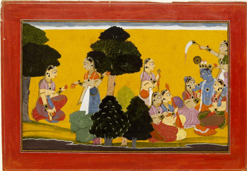 Basohli folio: Krishna with gopis and musicians staged across a flat yellow ground, dark trees set shallowly across the front