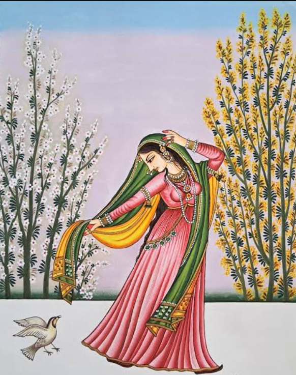 A Kangra nayika in pure profile beside blossoming trees