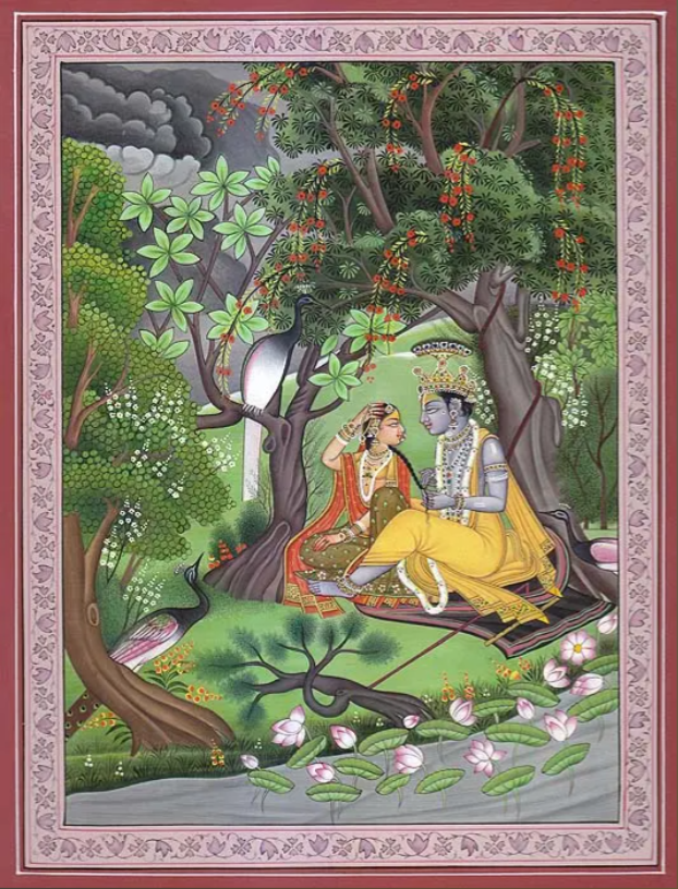 Radha and Krishna in a wooded kunj with storm clouds at the left edge