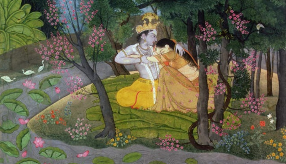 Radha and Krishna embracing on a riverbank with lotuses and cranes on the Yamuna