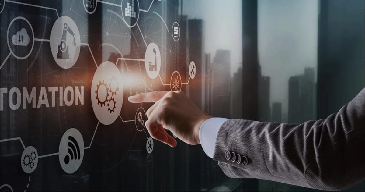Hand touching an automation interface with connected workflow icons