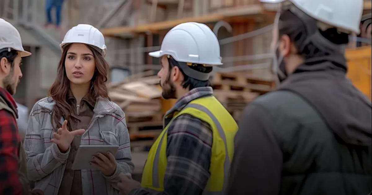 Construction team in hard hats reviewing job details on a tablet