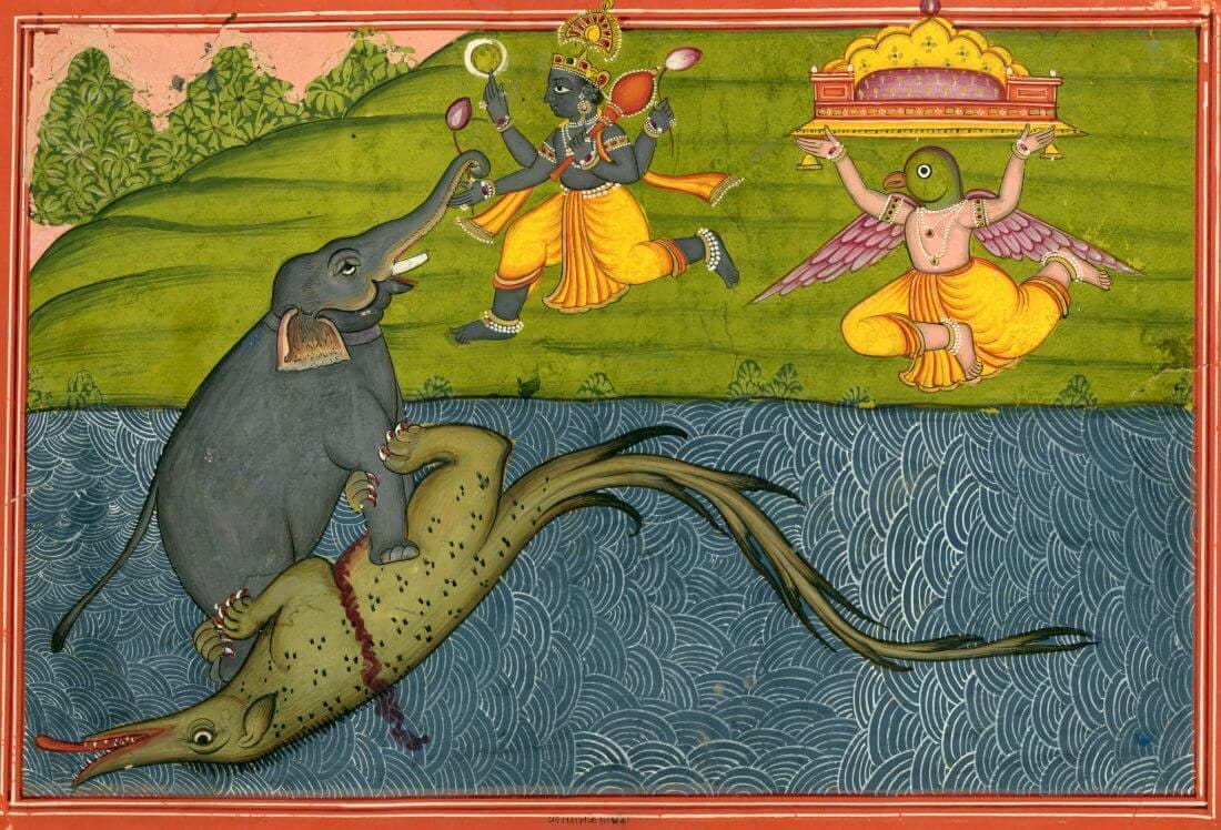 Vishnu riding Garuda descends to free the elephant Gajendra from a crocodile in a river of patterned waves