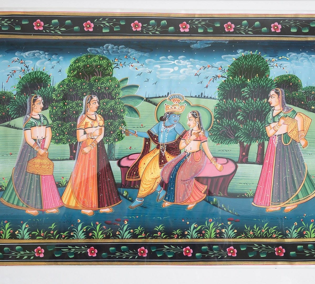 Radha and Krishna seated together in a garden, gopis carrying offerings on either side