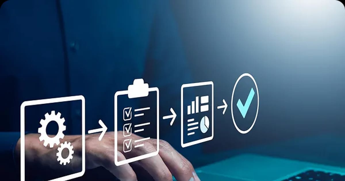 Laptop with automated process steps flowing from settings to a completed checklist