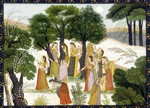 Gopis wandering through a moonlit forest of tall trees in search of Krishna