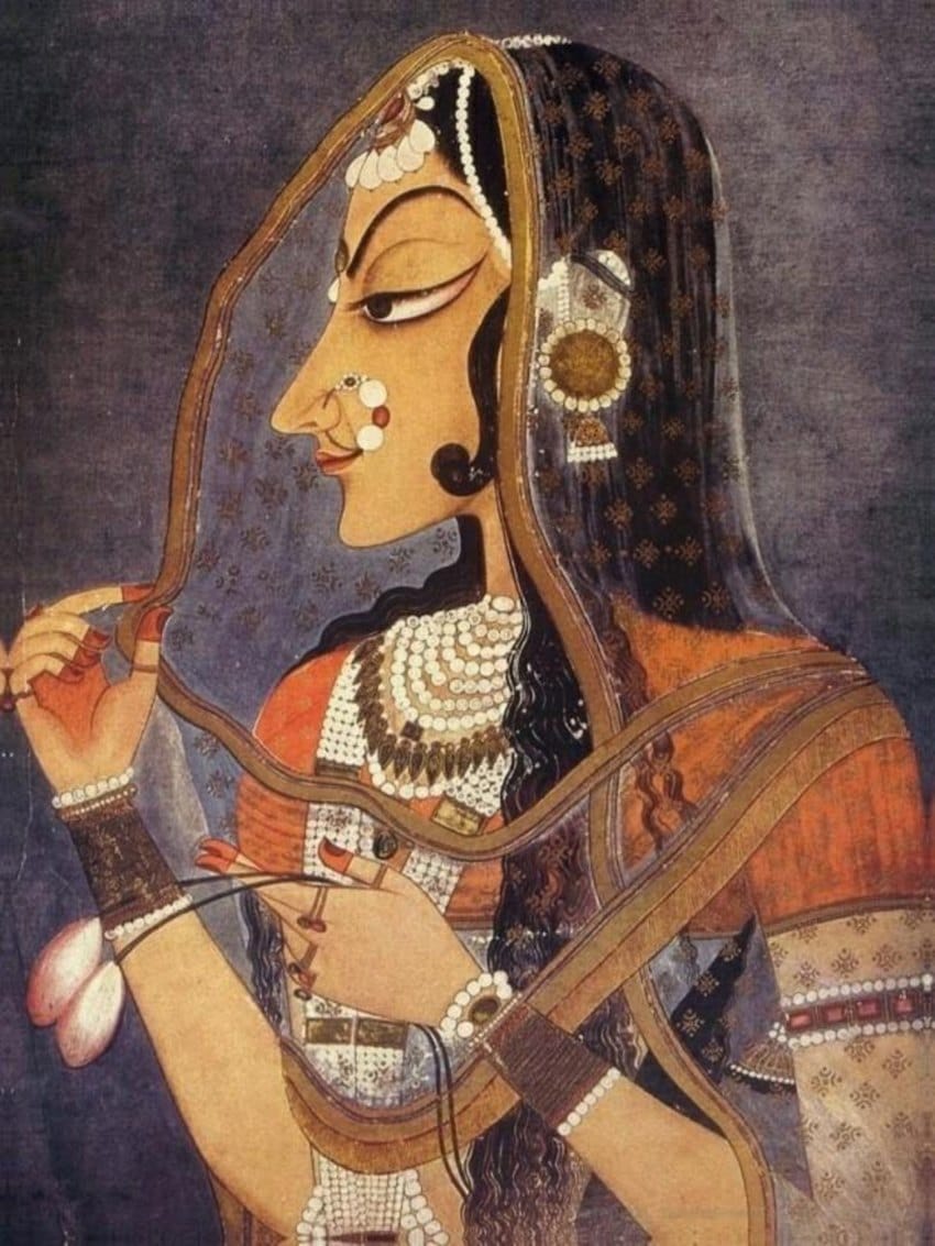 Bani Thani — Kishangarh profile of Radha with arched brow, long lotus-petal eye, pointed chin and a sheer gold-trimmed veil