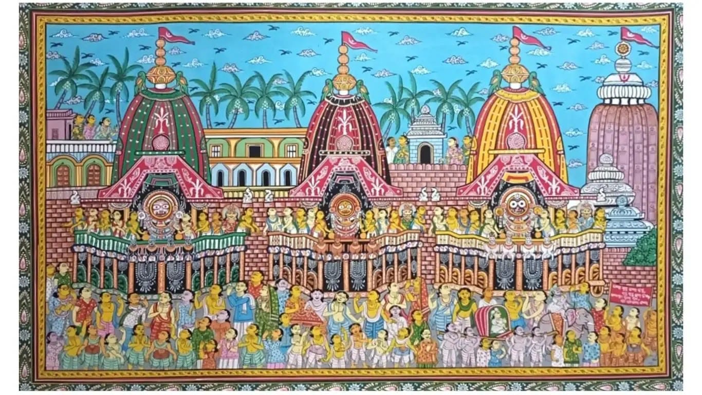 The Jagannath temple at Puri and its three chariots surrounded by crowds of pilgrims, Odisha Pattachitra