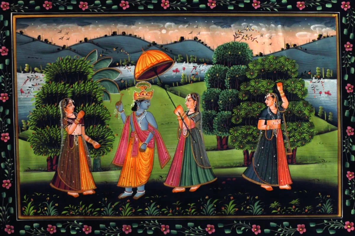 Krishna under a royal parasol walking with gopis among dense trees beside a river, hills behind