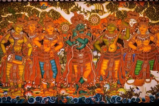 Green-skinned Krishna playing the flute among gopis, Kerala mural in red, ochre and green