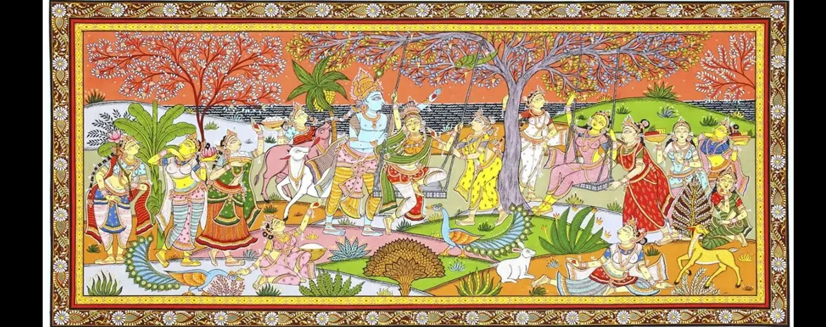 Krishna among gopis, cows and peacocks in a flowering forest, Odisha Pattachitra with a floral border