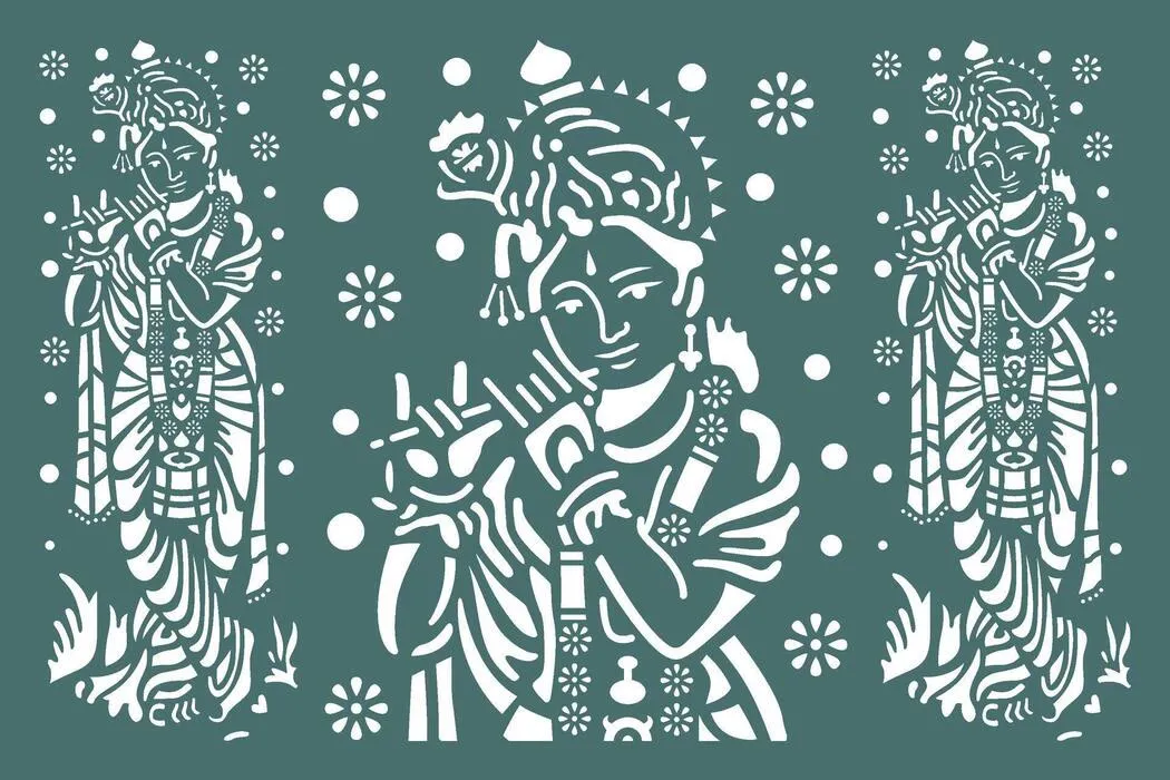 Paper-cut Sanjhi stencil of Krishna with his flute, the figure repeated across a green ground