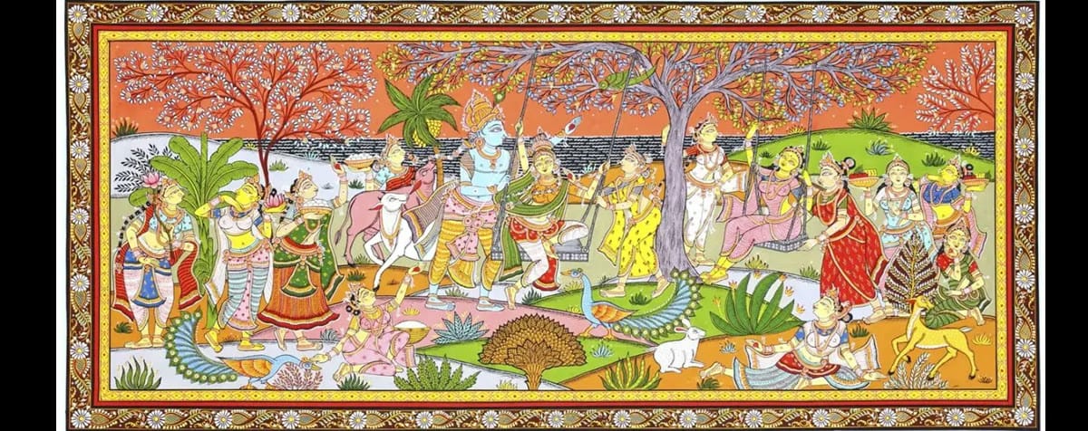 Krishna among gopis, cows and peacocks in a flowering forest, Odisha Pattachitra with a floral border
