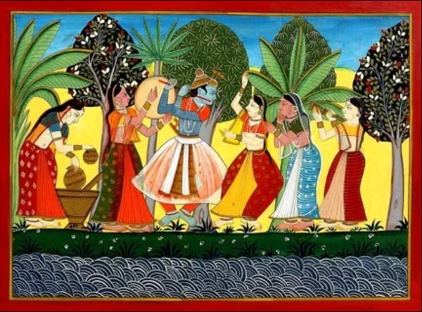 Basohli folio: Krishna playing the flute among gopis on a river bank, flowering trees behind, inside a bold red border