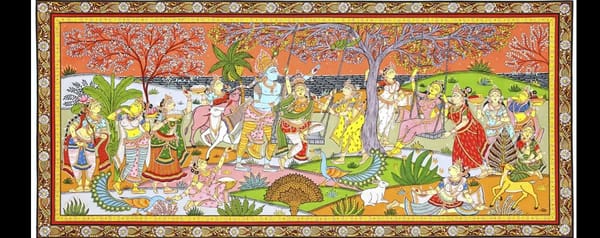 Krishna among gopis, cows and peacocks in a flowering forest, Odisha Pattachitra with a floral border