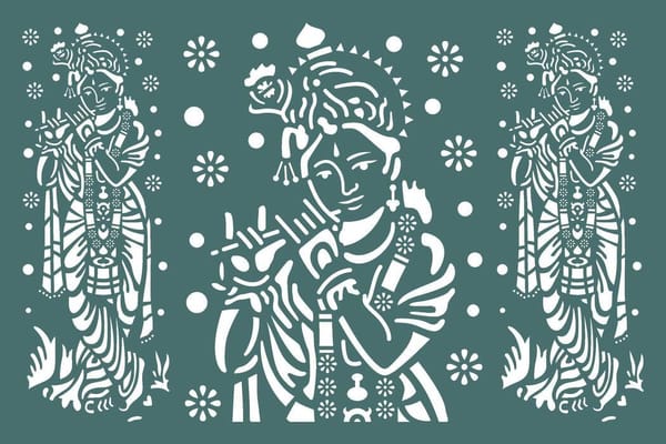 Paper-cut Sanjhi stencil of Krishna with his flute, the figure repeated across a green ground