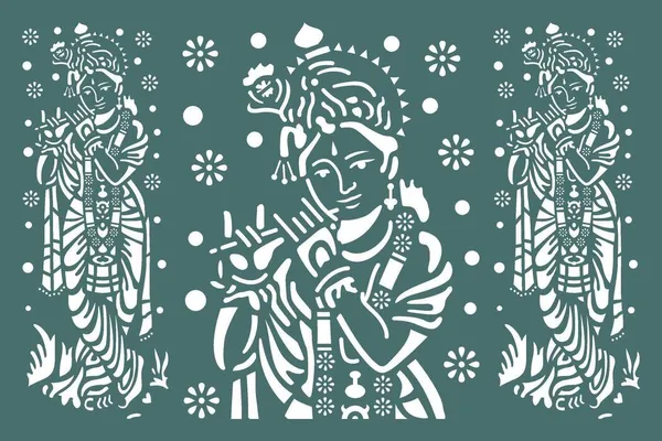 Paper-cut Sanjhi stencil of Krishna with his flute, the figure repeated across a green ground